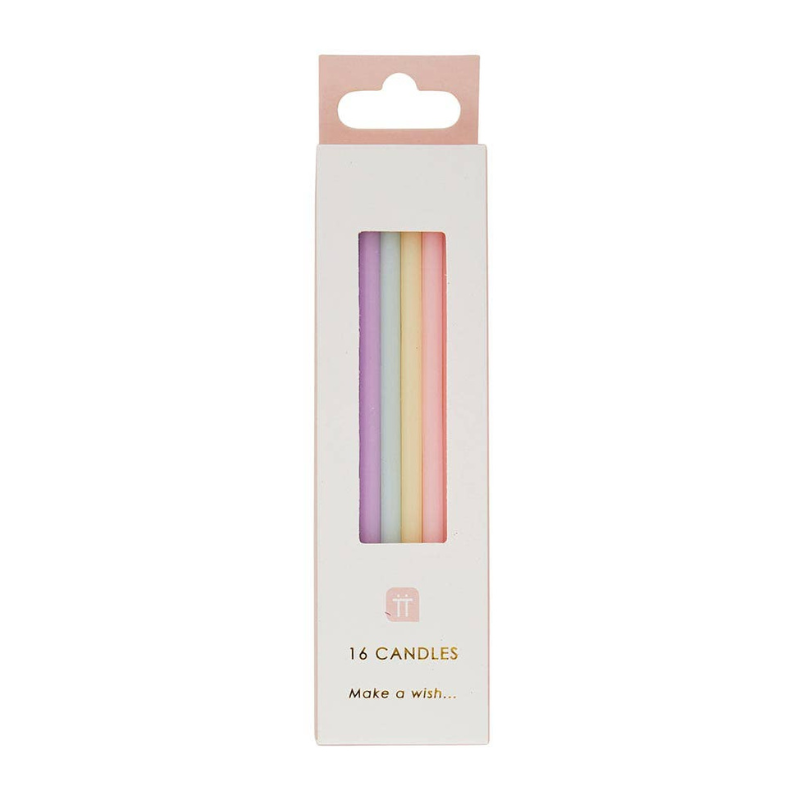 Photo of a pack of 16 pastel rainbow birthday candles on a white background.