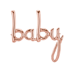 Rose gold script BABY balloon on a white background.