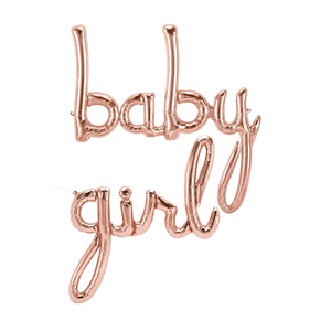 Rose gold script BABY GIRL balloon on a white background.