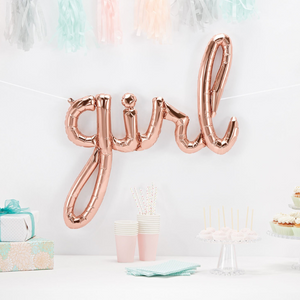 Rose gold script GIRL balloon on a white background.