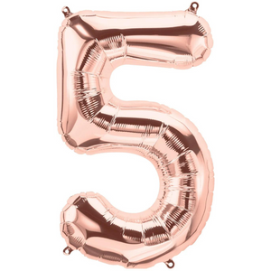 Jumbo 34 inch rose gold mylar 5 balloon on white background.