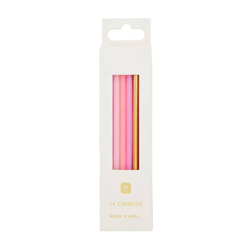 Photo of Rose Pink & Gold Birthday Candles in a white package.