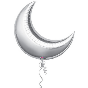 Photo of silver jumbo crescent moon balloon on a white background.