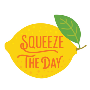 Lemon sticker saying SQUEEZE THE DAY with a white background.