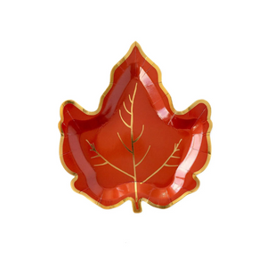 A photo of an orange maple leaf plate with gold foil accents.