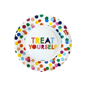 A white dessert plate is displayed on a white background with the words TREAT YOURSELF printed on the center of the plate surrounded by multi colored confetti dots design.