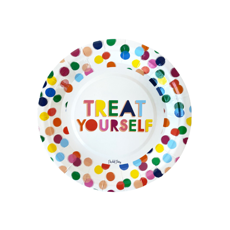 A white dessert plate is displayed on a white background with the words TREAT YOURSELF printed on the center of the plate surrounded by multi colored confetti dots design.