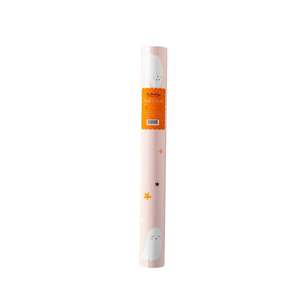 A photo of a cute pink table runner with white ghosts and orange, black, white, and gray stars in a clear plastic package.