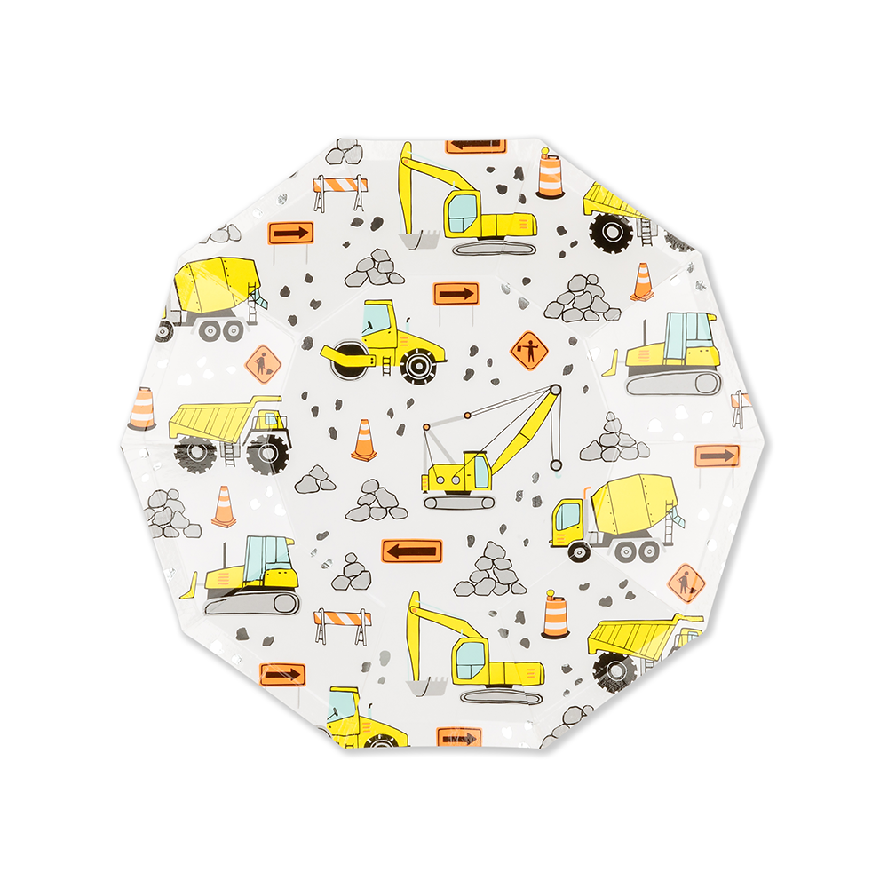 Construction theme paper plates on white background.