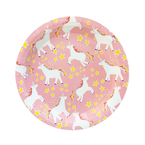 Pink plate with white unicorn design and gold stars on a white background.