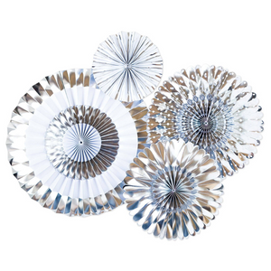 Set of 4 white chrome paper party fans on a white background.