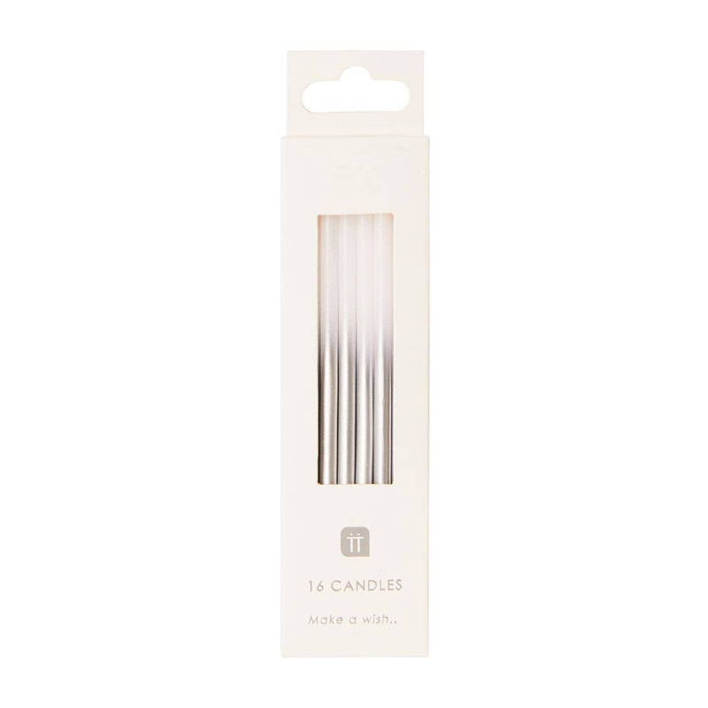 Photo of packaged 16 silver and white birthday candles on a white background.
