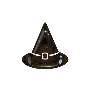 Black Halloween witch hat shaped plate with white stars.