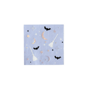 A photo of a pastel purple halloween napkin with witches brooms, black bats, stars, and moons on a white background.