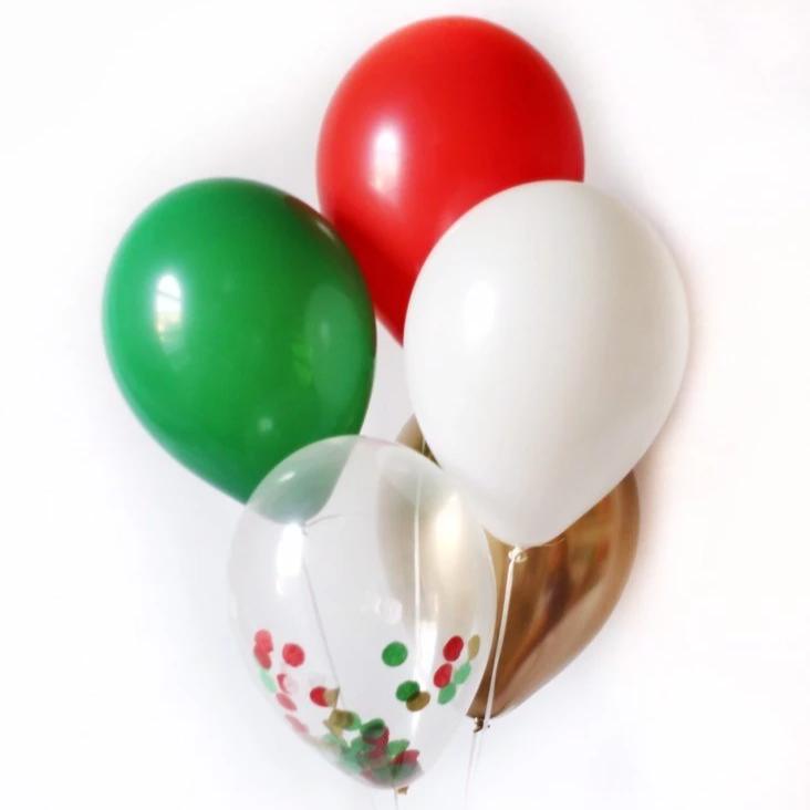 Chrismas balloon bundle with five balloons; one red, one green, one white, one gold, and one clear filled matching color confetti.