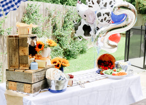 Two year olds birthday party in farm theme. There is a giant silver number tow balloon next to a bundle of black and white cow print balloons.