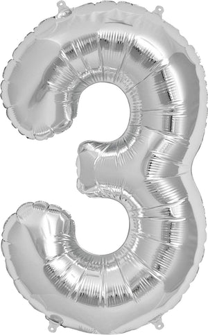 Silver 34 inch mylar number 3 balloon.
