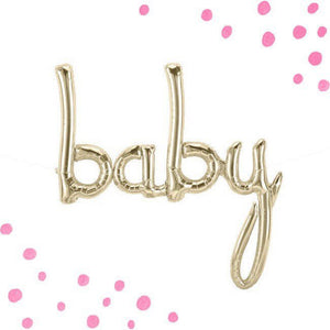Gold script BABY balloon on a white background with pink dots on the corners.