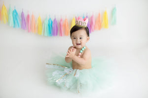 A little baby sits in a mint tutu clapping and smiling in front of a pastel themed garland strung across the wall behind. The colors of the garland are pink, peach, light yellow, light blue, mint, and lilac.