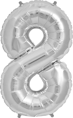 A silver colored number eight balloon inflated to show detail.