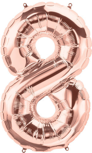 A rose gold colored number eight balloon inflated to show detail.