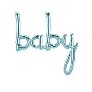 Pastel blue script word BABY balloon on a white wall.