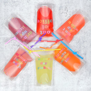 Plastic adult drink pouch with fun saying on each one and colorful twist straw.