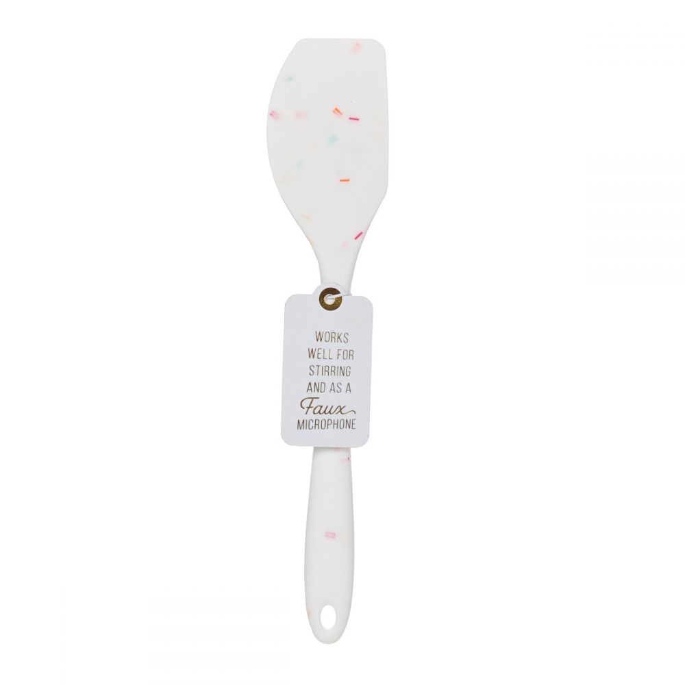 Silicone white confetti spatulas with cute and funny sayings.
