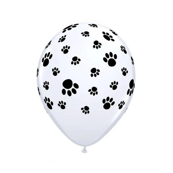 One 11 inch white balloon with black puppy dog pawprints on the balloon.