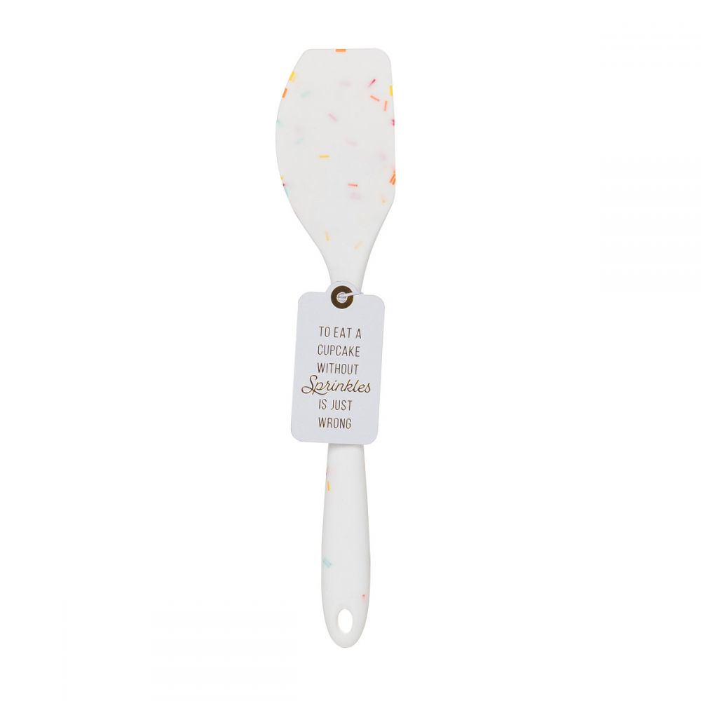 Silicone white confetti spatulas with cute and funny sayings.