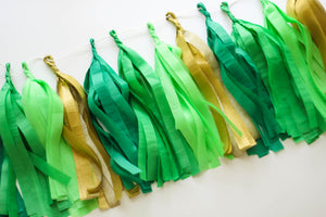 Hand made and hand rolled tissue garland in the colors emerald, green, lime, and gold perfect for any occasion or St. Patricks Day!