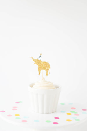 Gold zoo elephant cupcake topper with mini party hat.