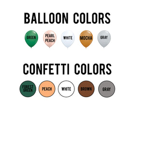 Photo with color options for balloons and confetti in a woodland theme party decor. The colors are green, pearl peach, white, mocha/brown, and gray.